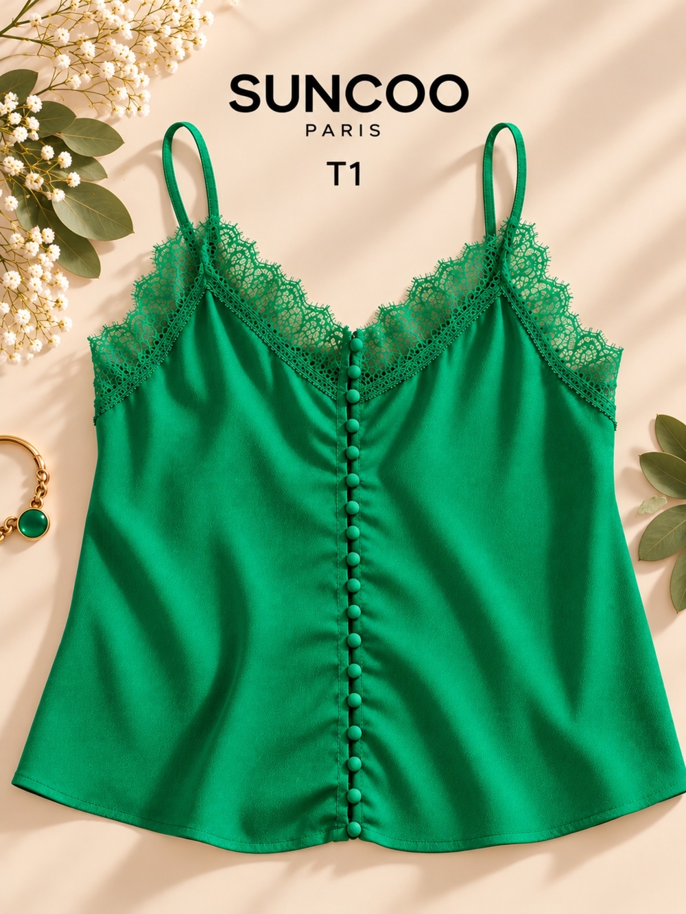 💚NWT SUNCOO Paris Vibrant Green Lace Spaghetti Straps Camisole, T1 (US 4-6)